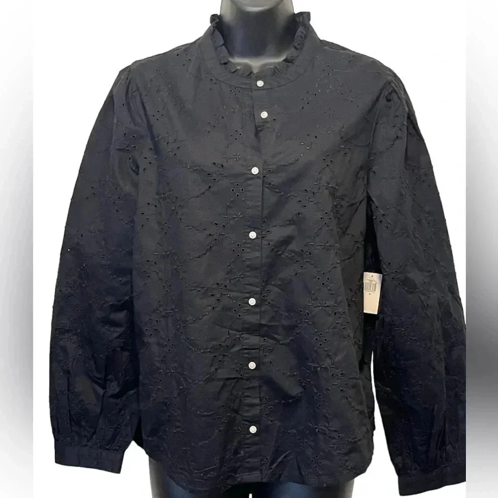 NWT Old Navy Ruffle Neck Black Eyelet Button Down Shirt Top Womens size medium